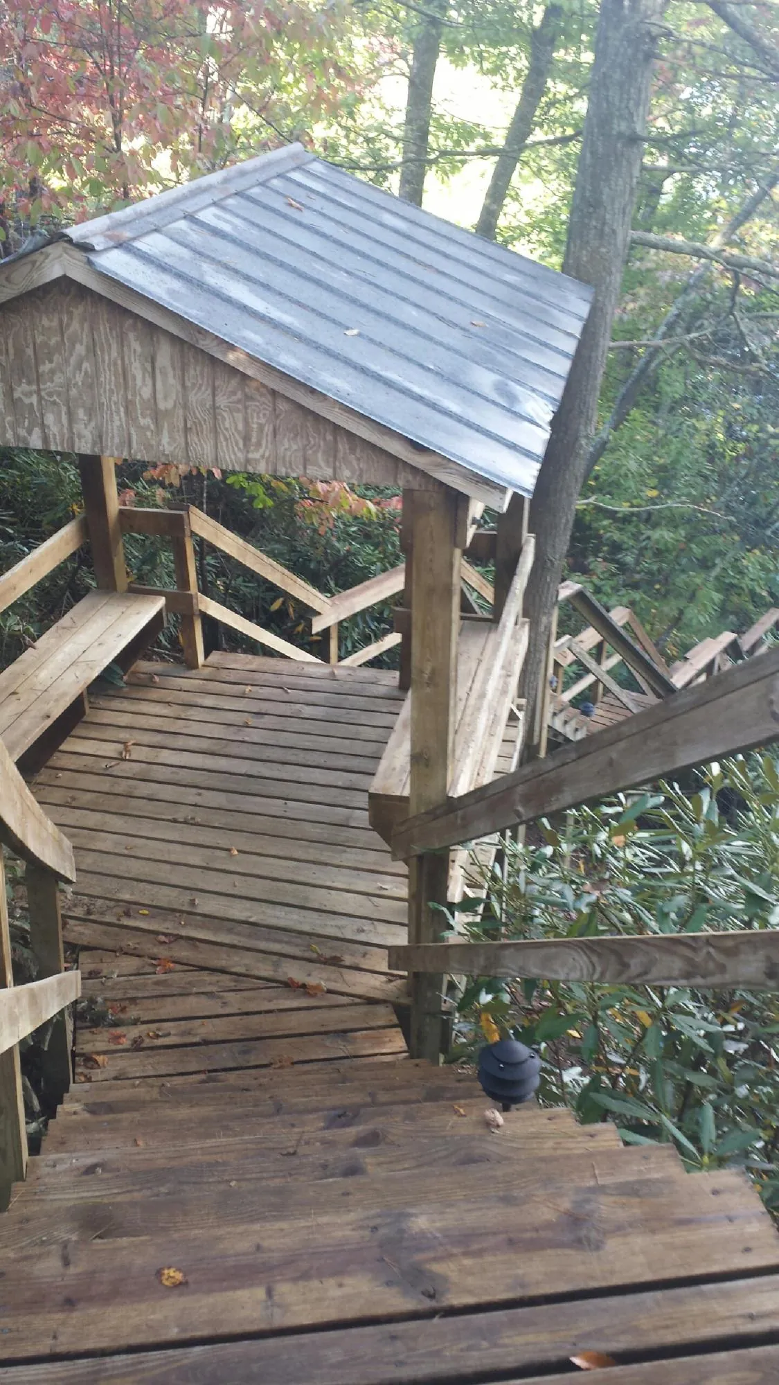 Metal roofed shelter over wooden steps on a wooded walkway — Skylight Repair & Installation work by our crew in Waite Park